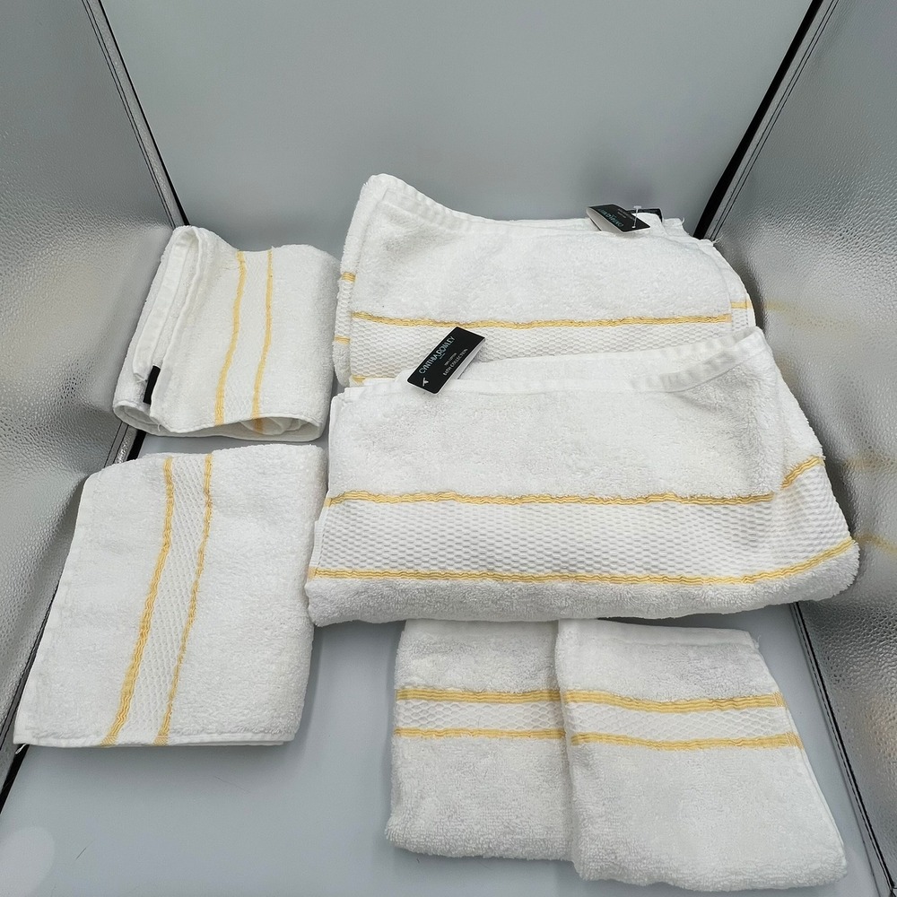 Cynthia Rowley Bath Towel Set 6pc White Yellow New 100% Cotton Striped Waffle